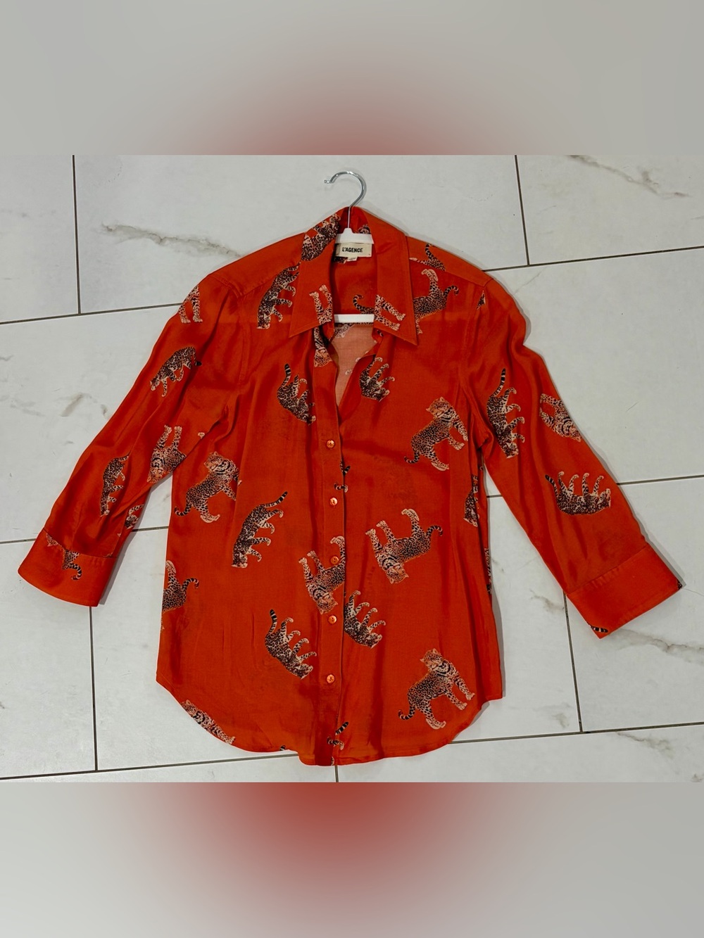 L'AGENCE Orange Leopard Motif Silk Button-Down Blouse S
